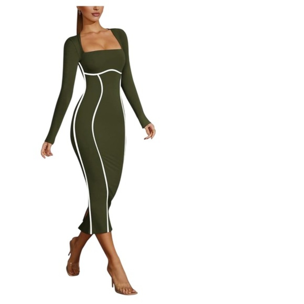 NEW‎ Lrady Womens Square Neck Long Sleeve Bodycon Midi Dress Army Green XL